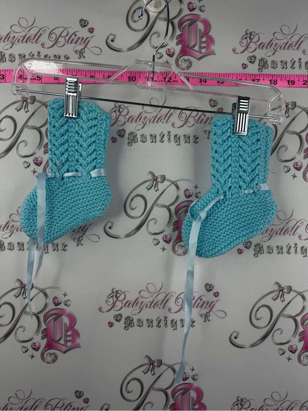Hand-Knit Baby Blue Bootie Socks - Kids Shoes slippers ribbon bows